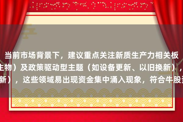 当前市场背景下，建议重点关注新质生产力相关板块（如商业航天、合成生物）及政策驱动型主题（如设备更新、以旧换新），这些领域易出现资金集中涌入现象，符合牛股资金特征的核心要素。